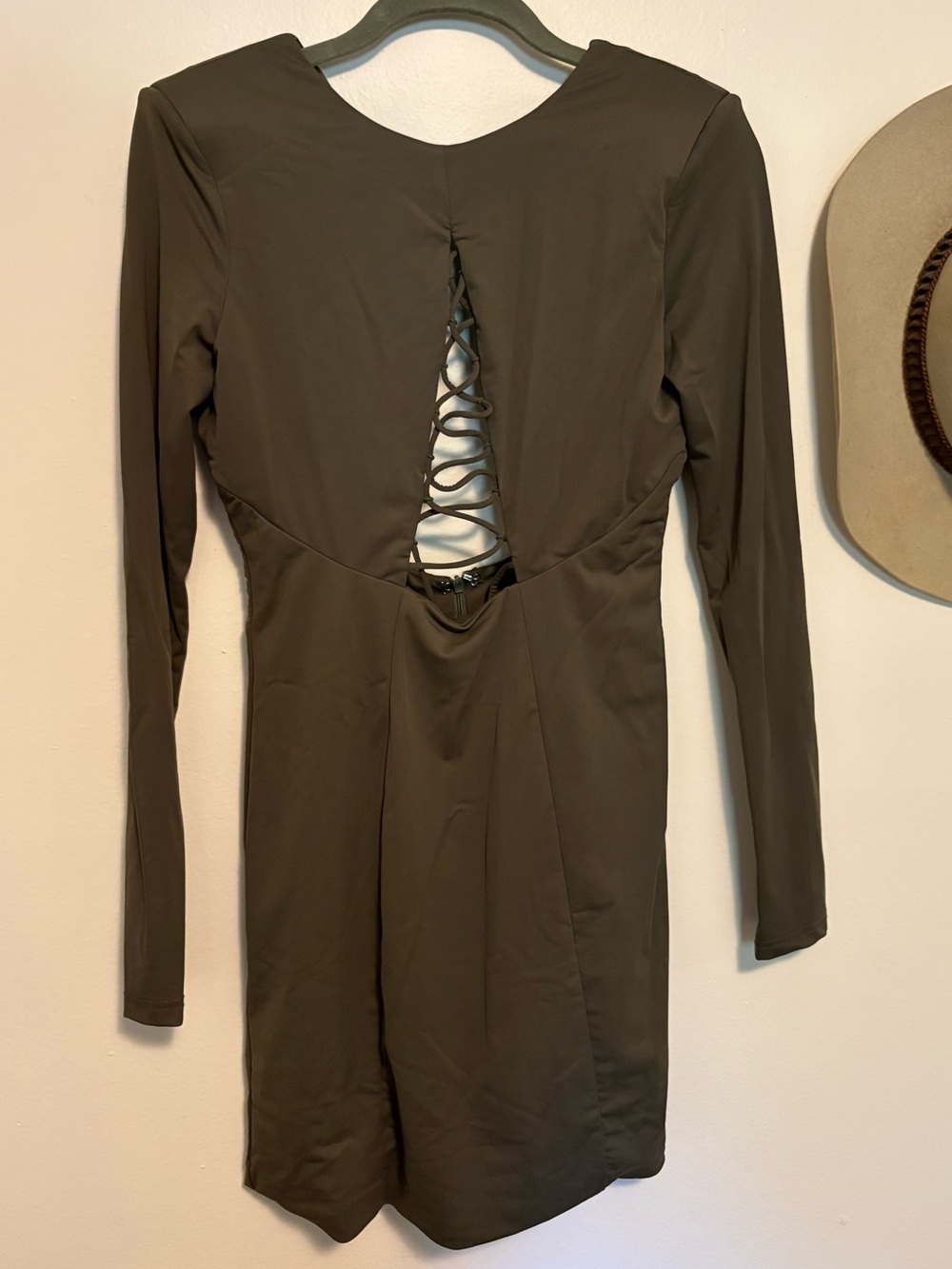 Showpo Olive Green Long Sleeve Lace-Up Back Mini Dress